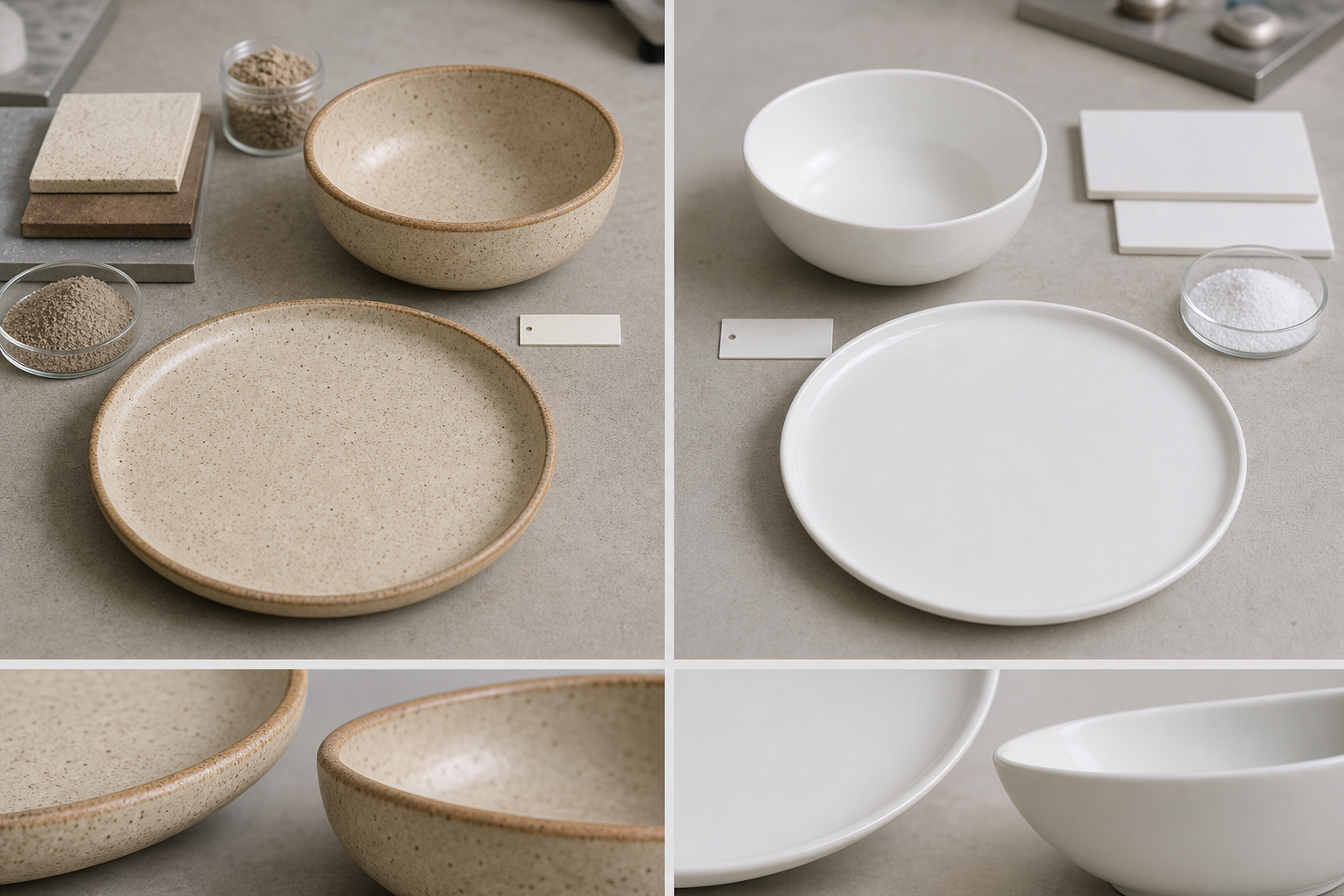 Side-by-side stoneware and porcelain dinnerware samples showing body color, glaze finish, and rim thickness