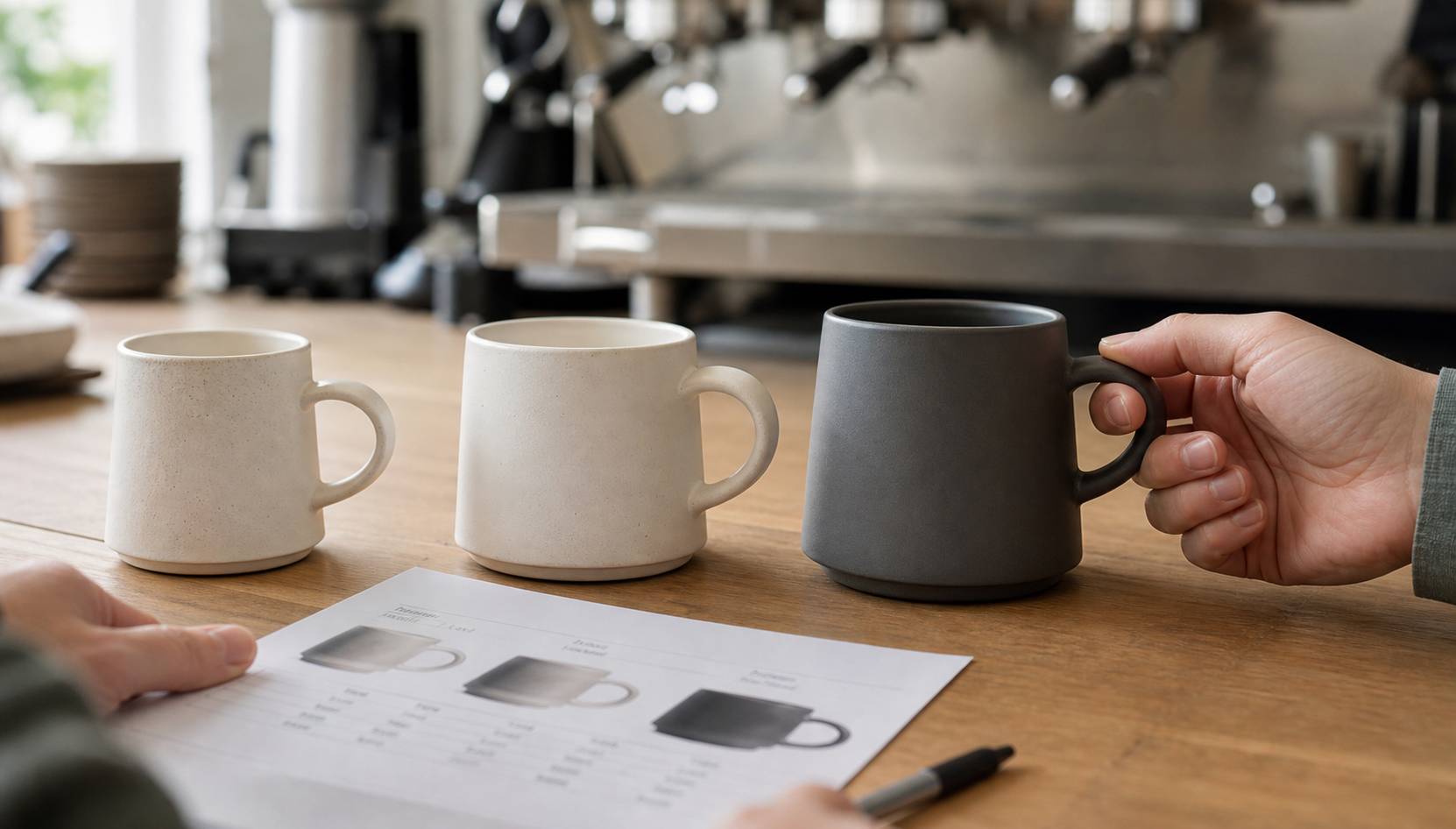 Cafe buyer testing handle clearance and grip comfort across three custom ceramic coffee mug prototypes at a working coffee bar