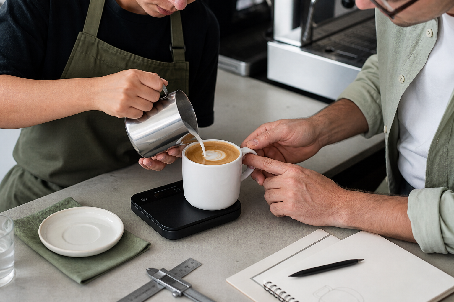 Barista and cafe buyer testing fill volume, latte service, handle clearance, and saucer fit on a custom ceramic mug sample