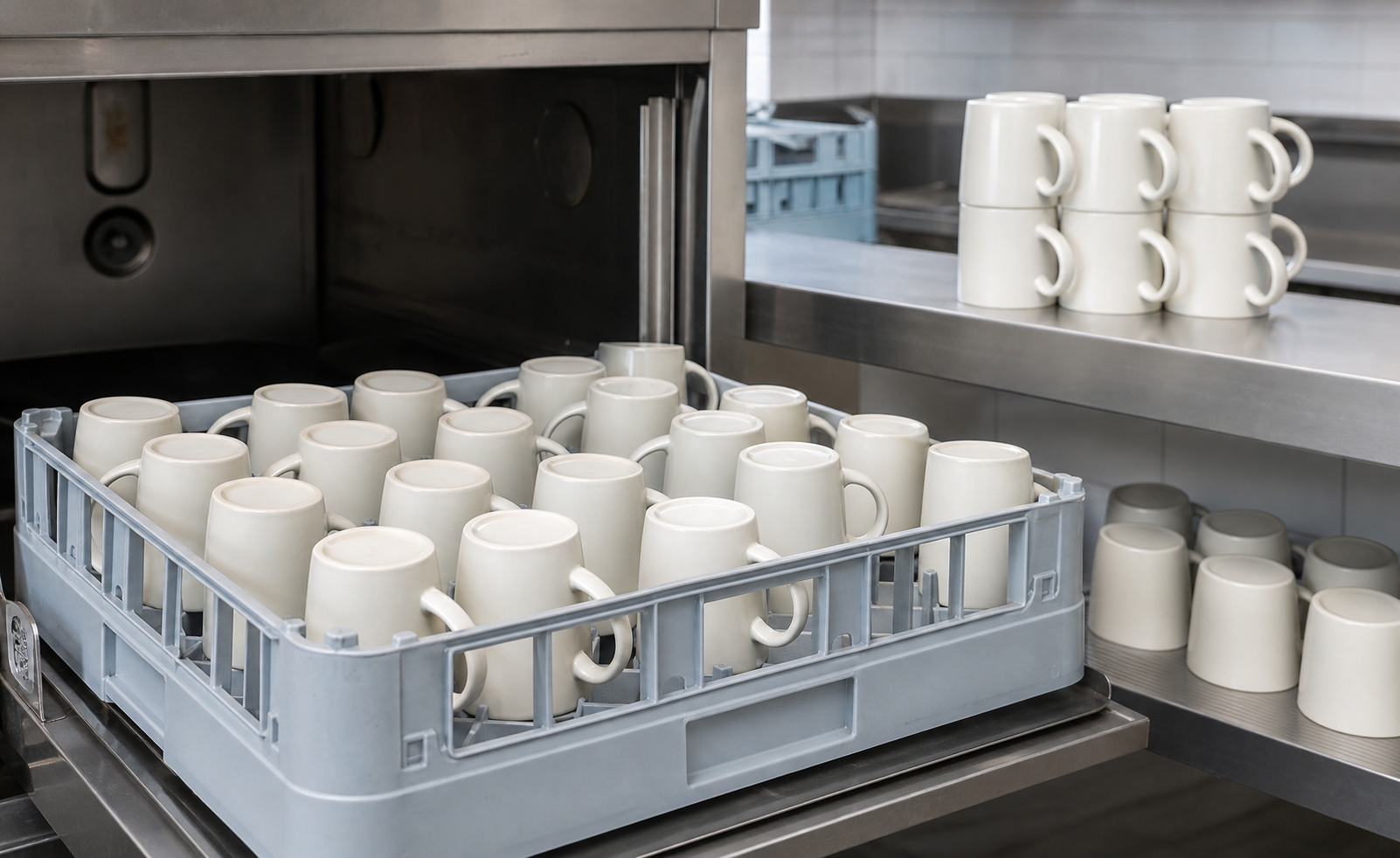 Custom ceramic cafe mugs checked in a commercial dishwasher rack for handle contact, drainage, storage, and stable stacking