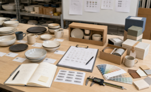 Ceramic dinnerware assortment planning board comparing open stock, boxed sets, and giftable line options