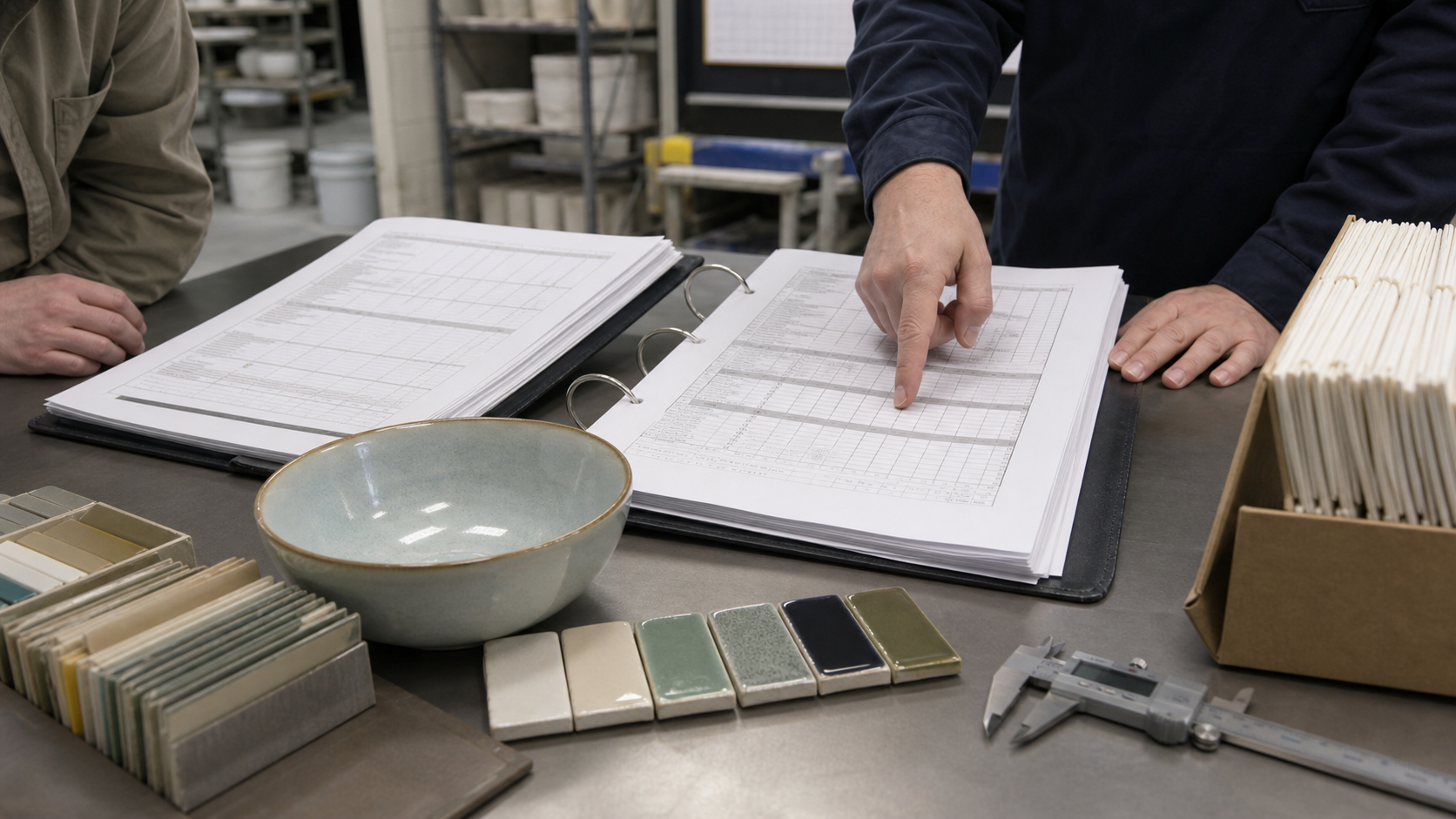 Ceramic dinnerware batch record review with glaze tiles, archived color chips, calipers, and reorder sample
