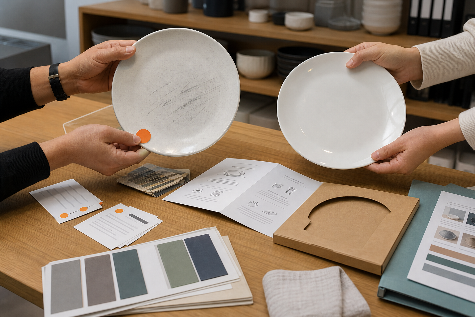 Buyer and supplier reviewing marked matte plate, clean glossy plate, care insert, packaging sleeve, and finish samples