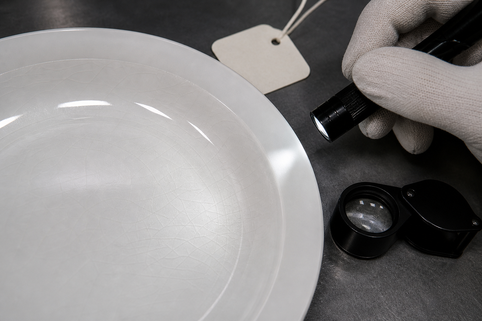 Close-up ceramic dinnerware crazing inspection with fine glaze cracks, flashlight, magnifier, and sample tag