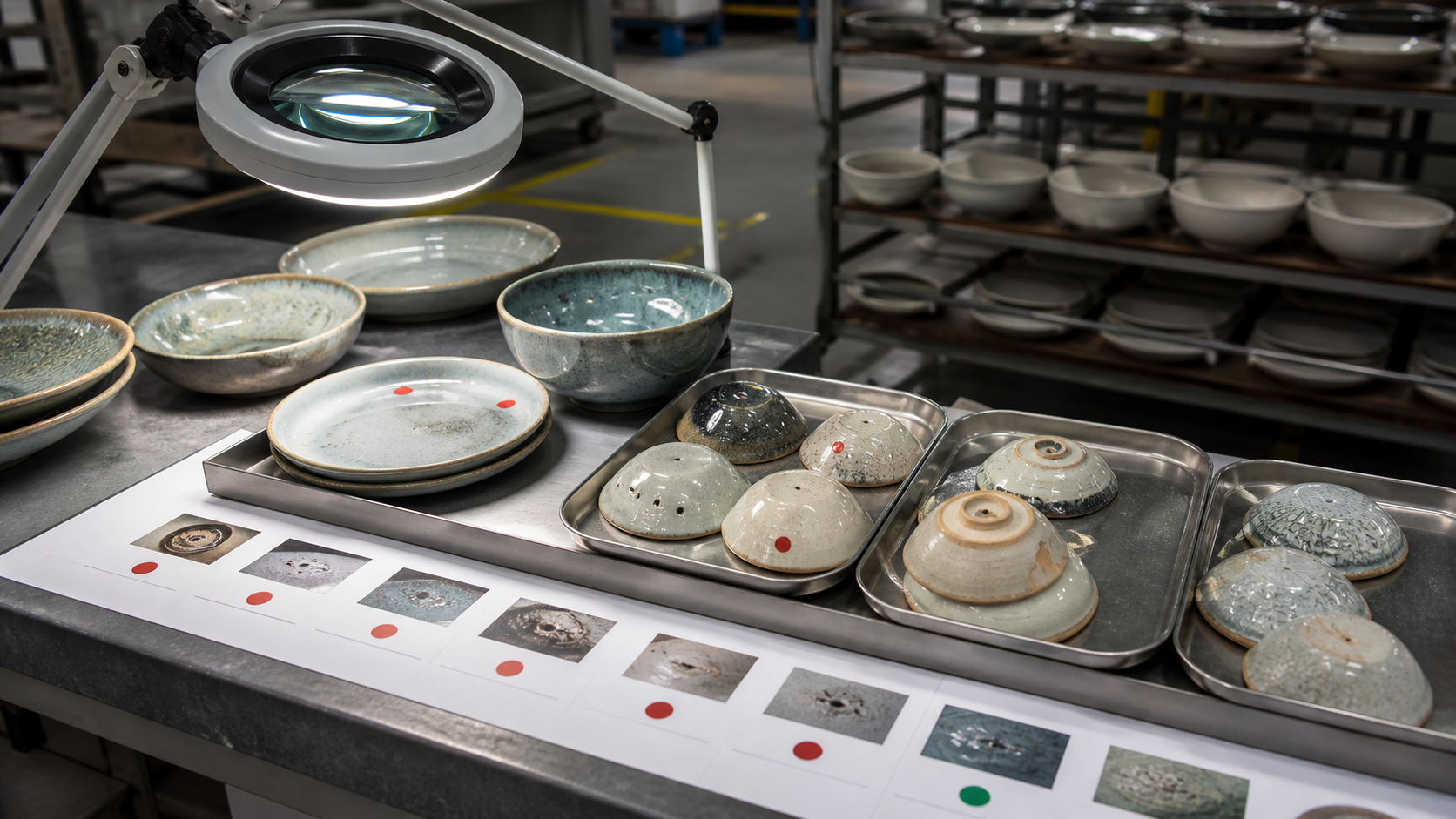 Ceramic dinnerware defect library with reactive glaze samples checked under an inspection lamp for QC limits