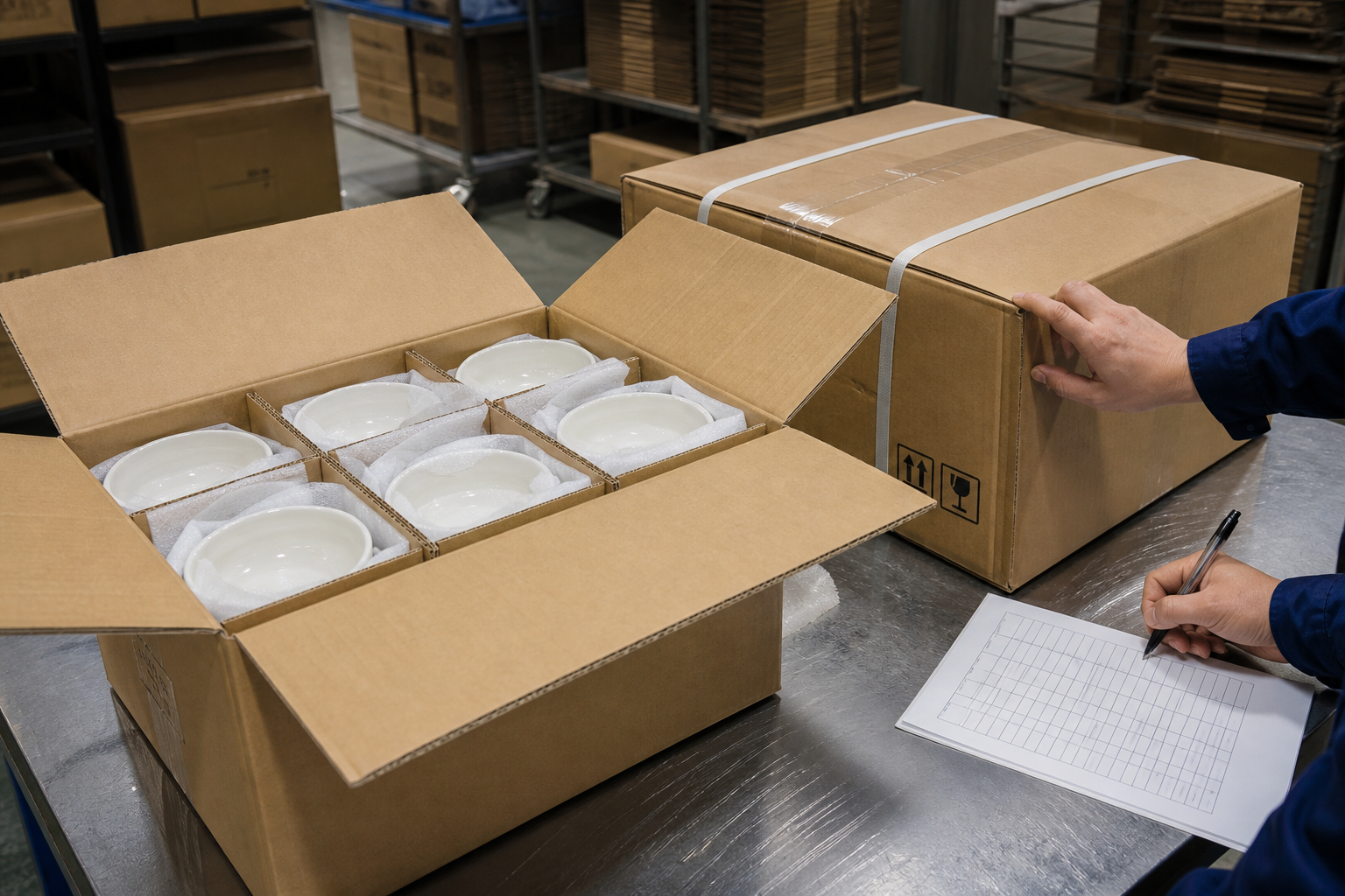 Factory export carton check for ceramic dinnerware with EPE-protected bowls, sealed master carton, and QC sheet