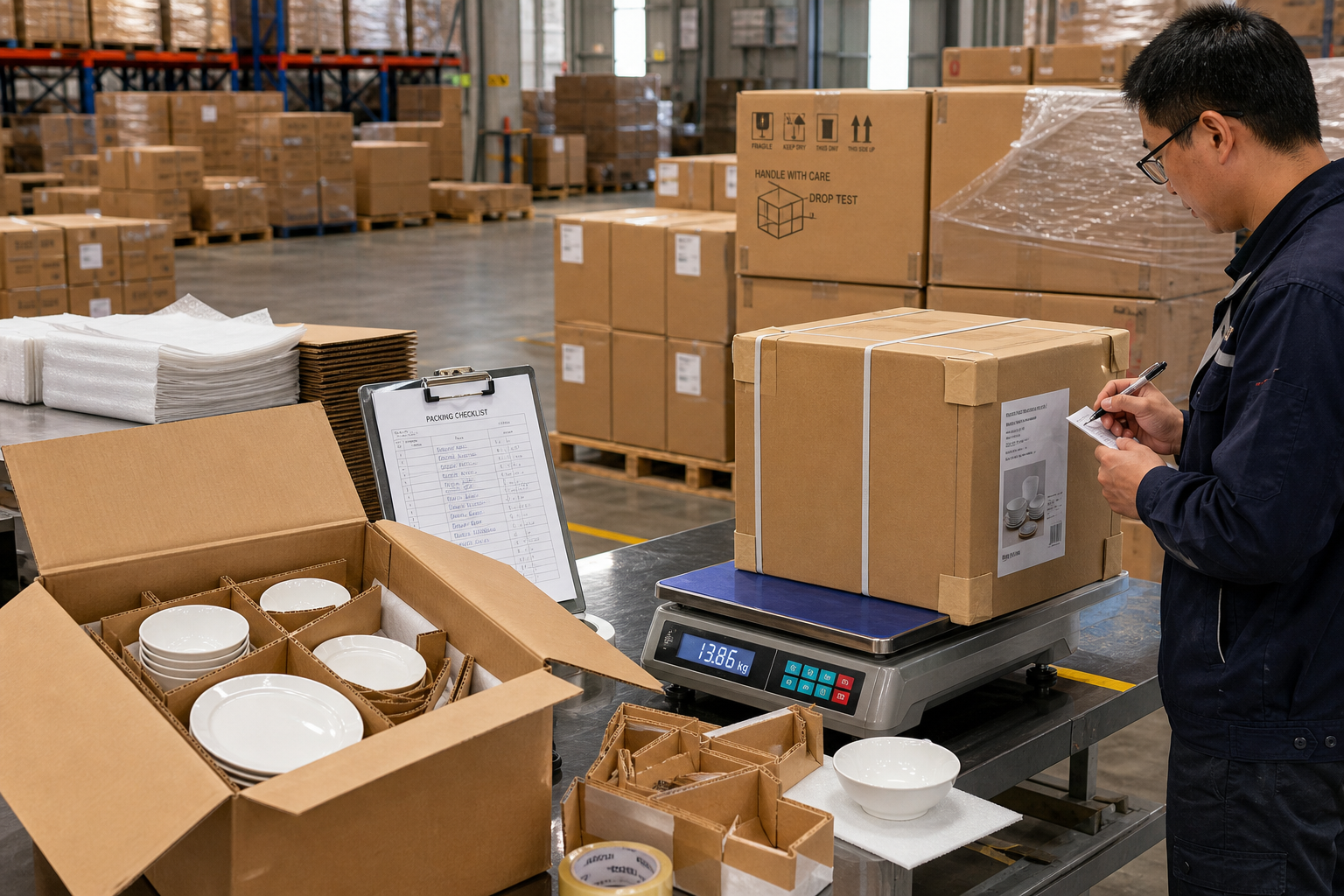 Export packaging inspection for ceramic dinnerware with protected plates, cartons, labels, scale, and checklist