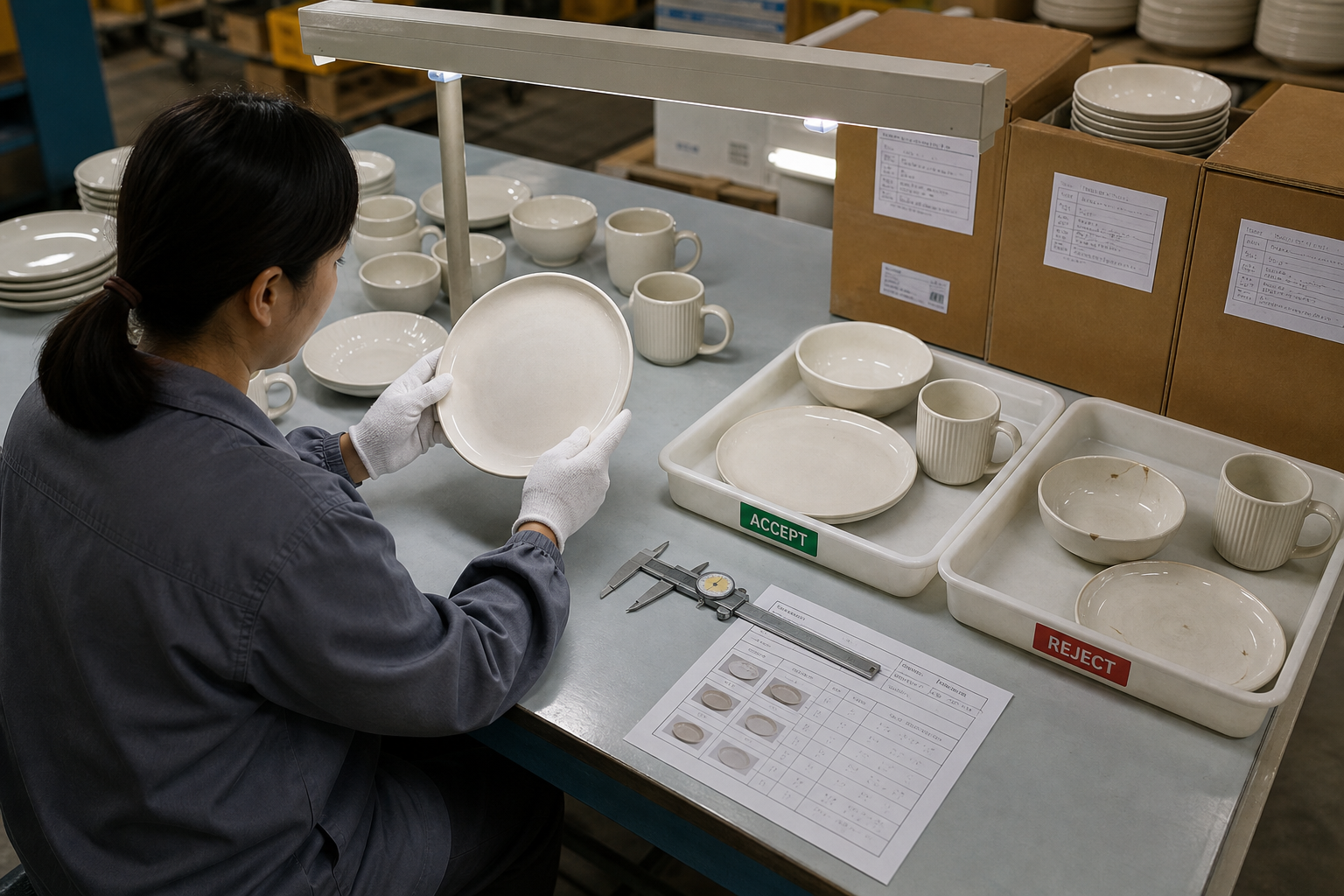 Ceramic dinnerware final QC station sorting plates, bowls, and mugs by accepted and rejected defect standards