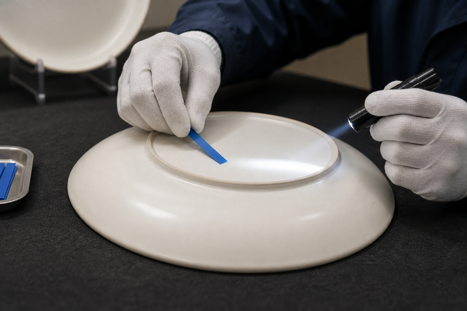 Close inspection of ceramic plate foot rings and controlled contact points using side lighting and removable marking film