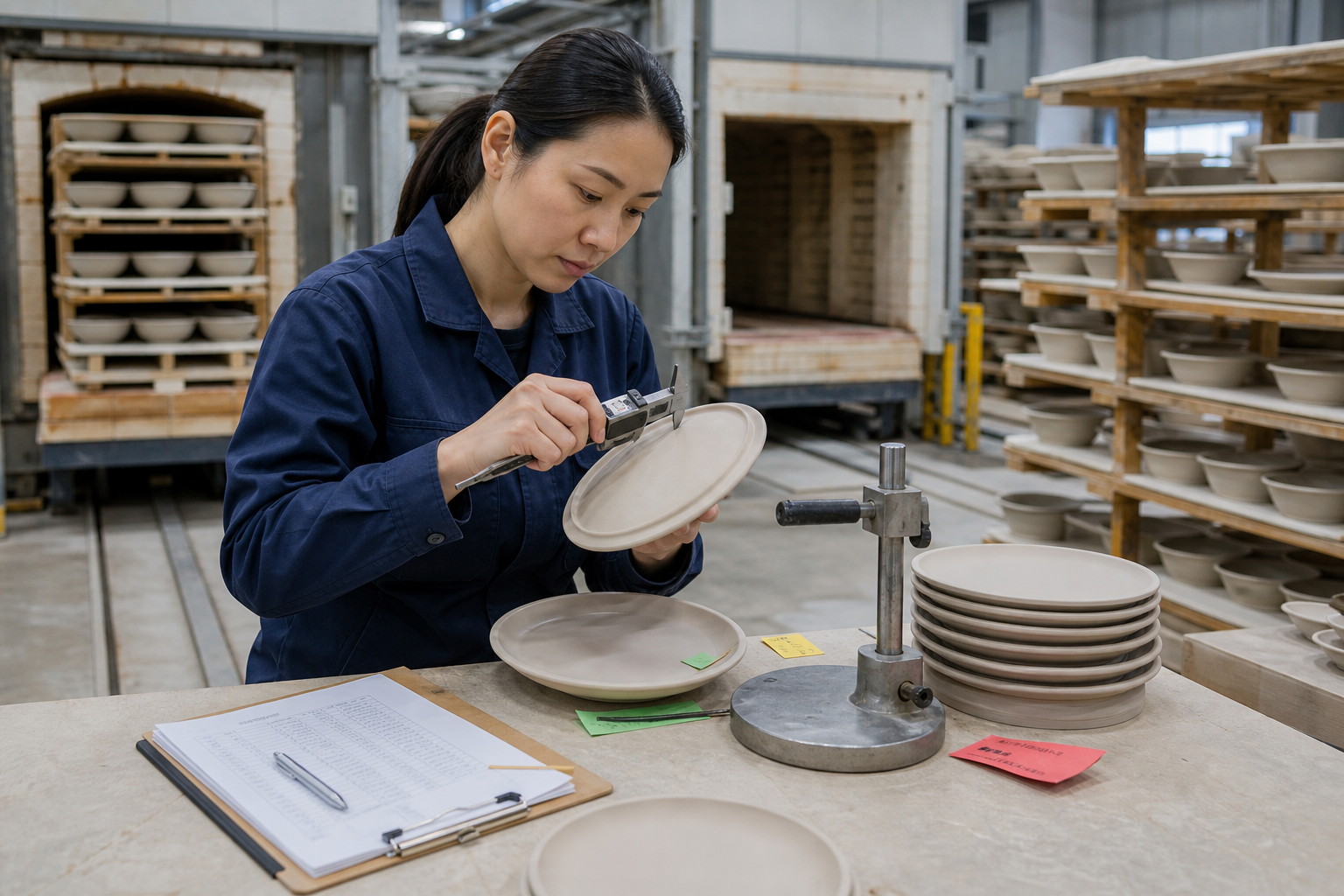 Factory inspector measuring ceramic plate rim thickness and flatness near kiln carts during in-process QC