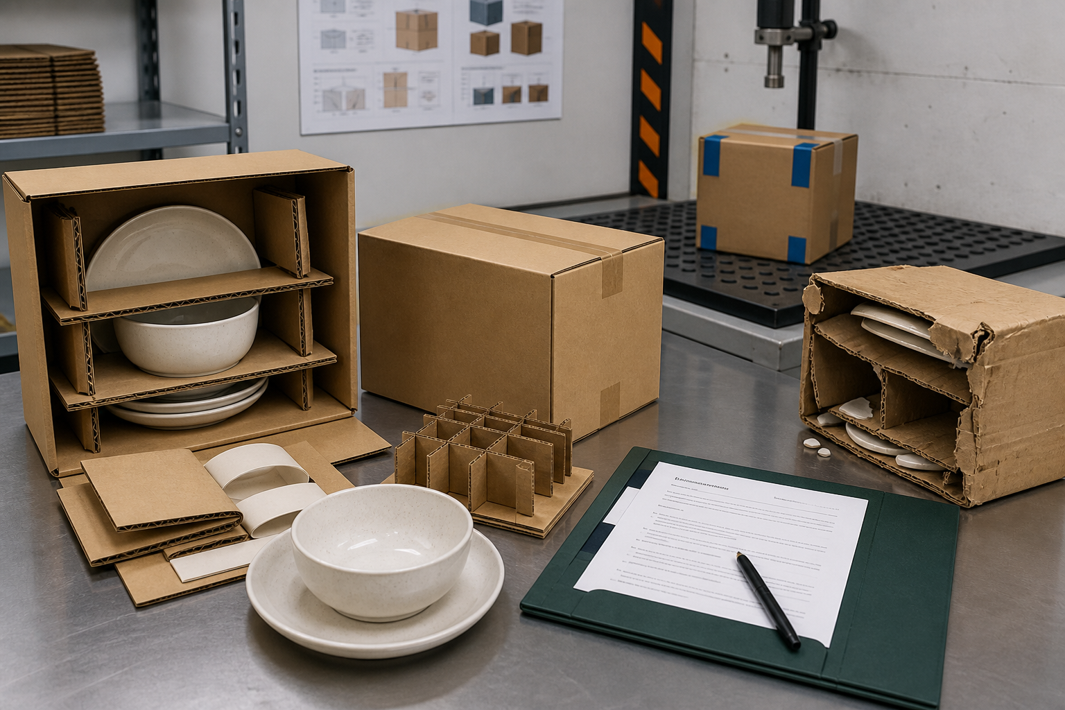 Ceramic dinnerware packaging evidence review with corrugated dividers, packed sets, damaged carton, and claim notes