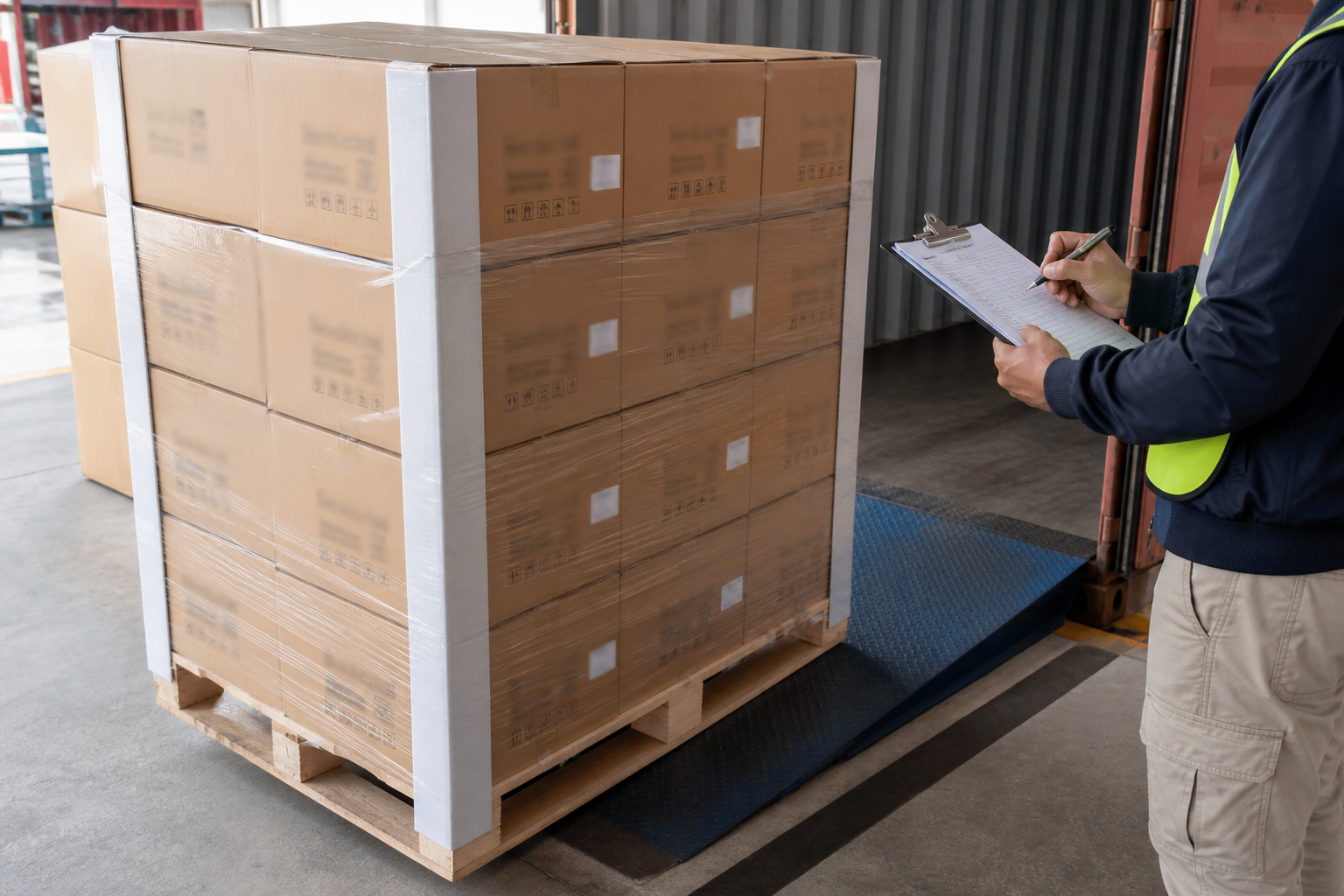Export pallet loading check for ceramic dinnerware cartons with corner protection, wrap, carton marks, and checklist