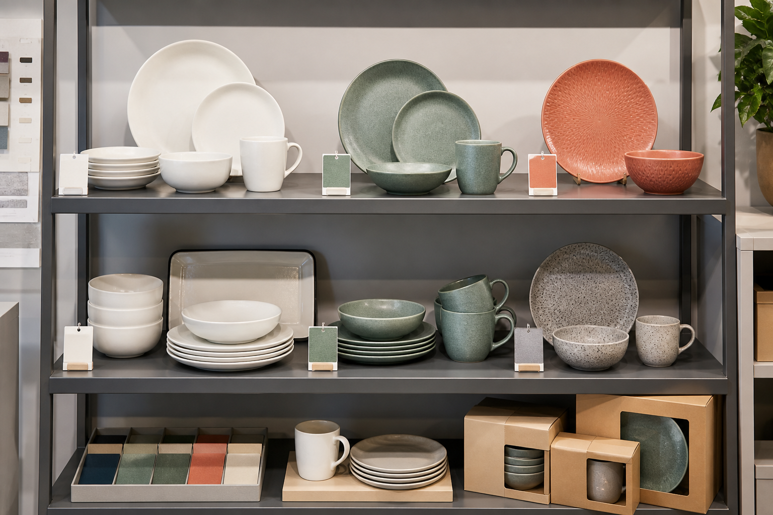 Ceramic dinnerware pilot shelf showing neutral core pieces, trend colors, accent glaze, and packaging mockups