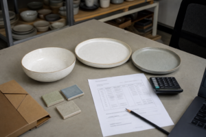 Realistic ceramic dinnerware quote review desk with samples, glaze tiles, calculator, and blurred supplier quote sheet