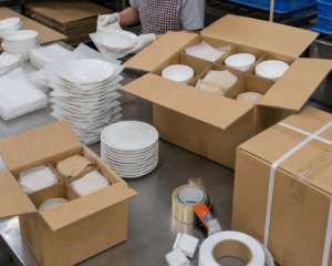 Regular export packaging for ceramic dinnerware with EPE sheets, paper wrap, inner boxes, and master carton