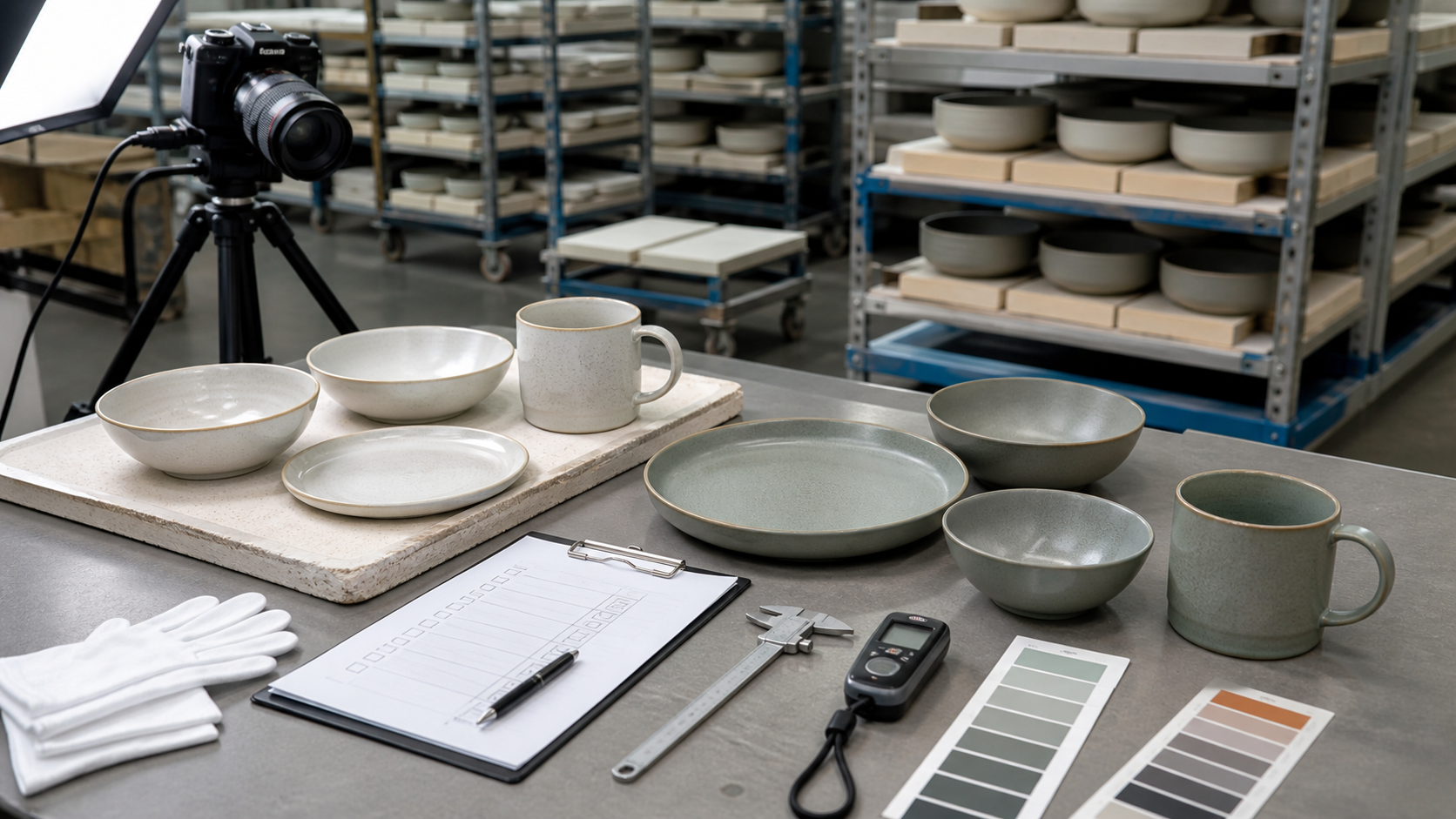 Reorder approval checkpoint comparing ceramic dinnerware samples with color chips, camera, checklist, and gauges