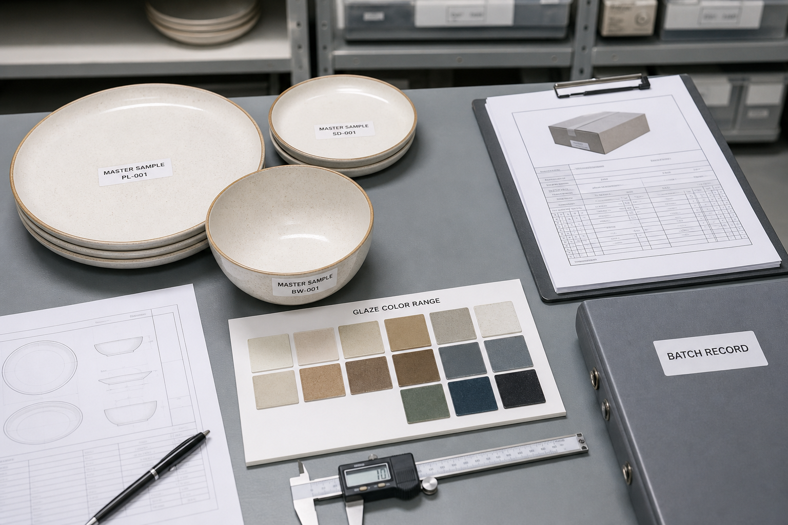 Ceramic dinnerware master samples with color boards, carton specs, and batch records for repeat order control