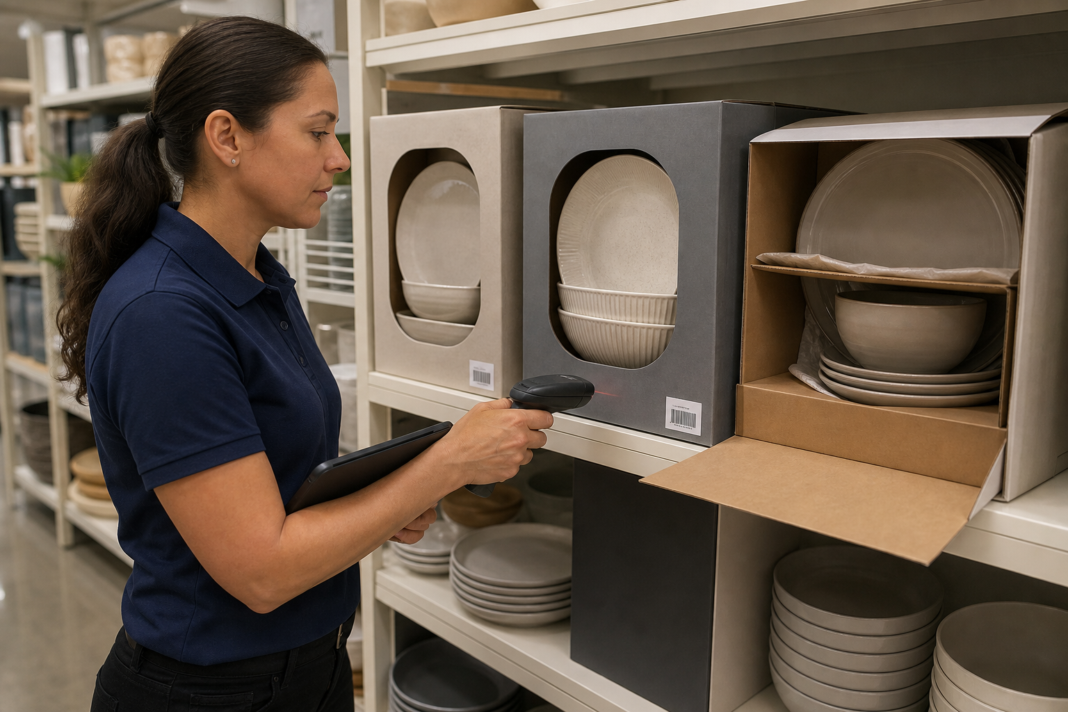 Ceramic dinnerware boxed sets checked on a retail shelf for barcode placement, labels, set contents, and product visibility