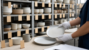 Ceramic dinnerware retained sample archive with plates, bowls, mugs, and batch cards for reorder comparison