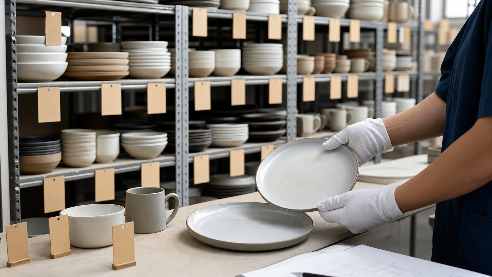 Ceramic dinnerware retained sample archive with plates, bowls, mugs, and batch cards for reorder comparison