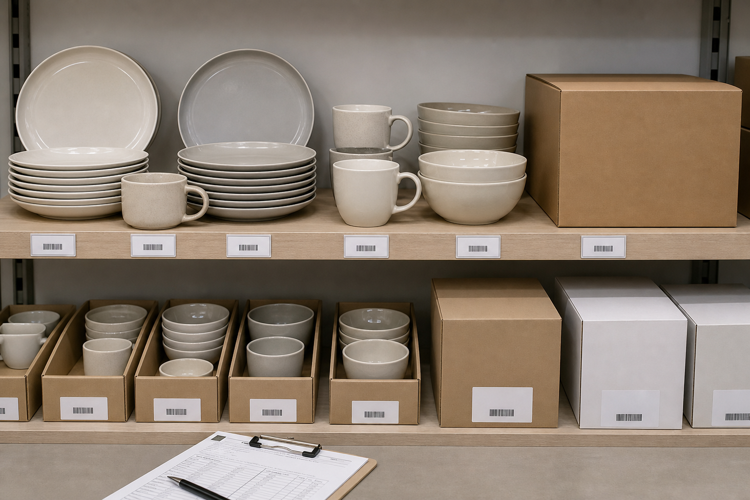 Retail shelf mockup comparing open stock plates, boxed ceramic dinnerware sets, item codes, and carton labels