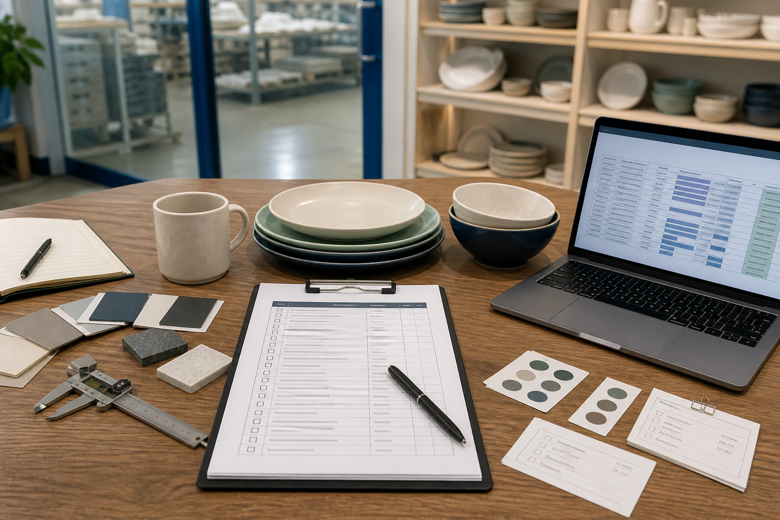 Ceramic dinnerware supplier question checklist with samples, material chips, caliper, and RFQ planning desk