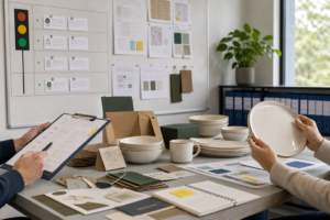 Ceramic dinnerware sustainability claim review with packaging swatches, samples, evidence files, and approval board