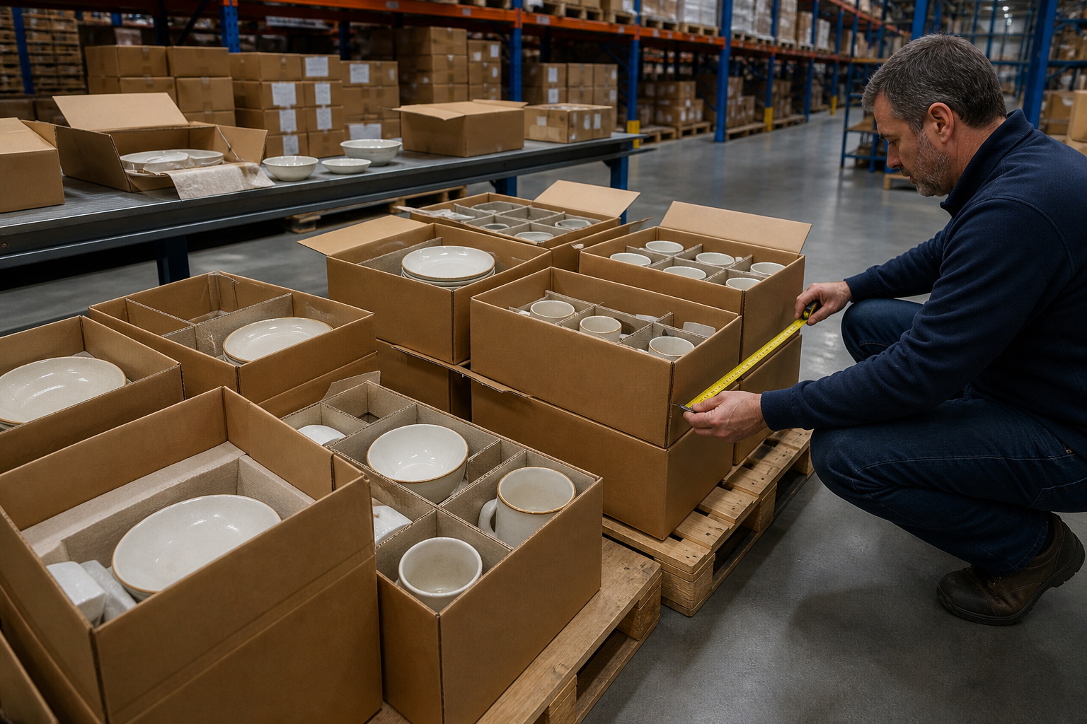 Warehouse planner measuring protected ceramic dinnerware cartons to compare case packs, pallet space, and mixed-SKU efficiency