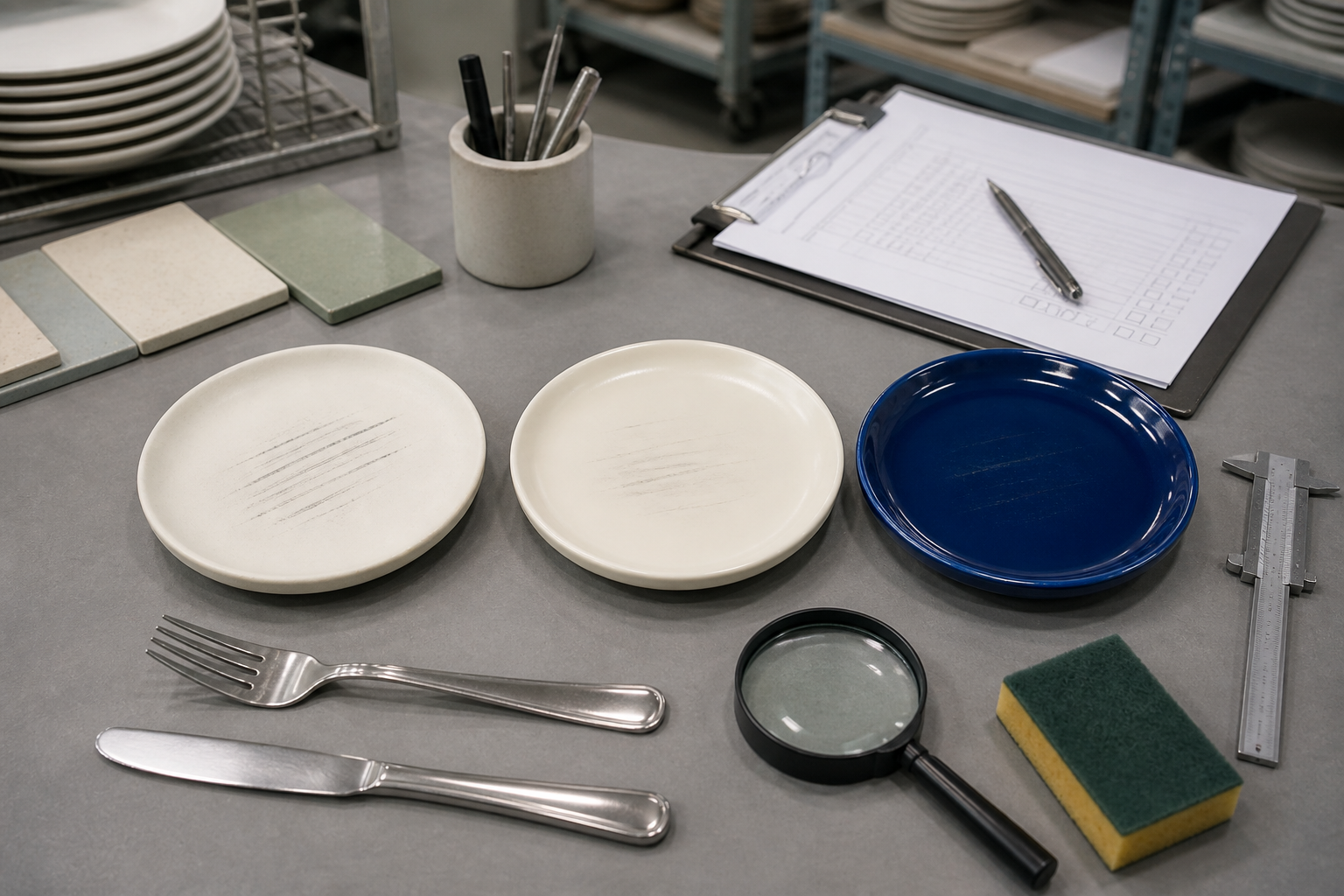Ceramic glaze finish testing bench comparing matte, satin, and glossy plates for stainless steel cutlery marks