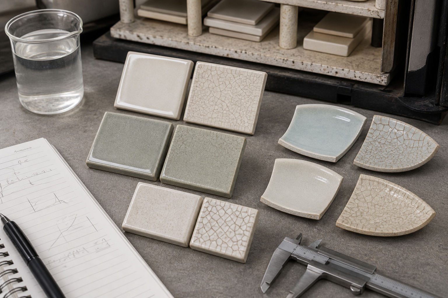 Ceramic glaze fit test tiles comparing stable glaze and crazed glaze samples in a factory materials lab