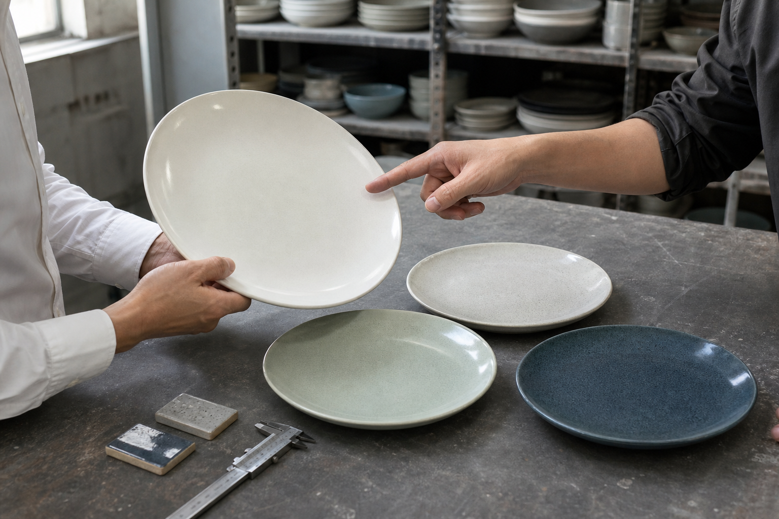 Buyer and ceramic supplier compare four production-ready glaze colors on matching stoneware dinner plates