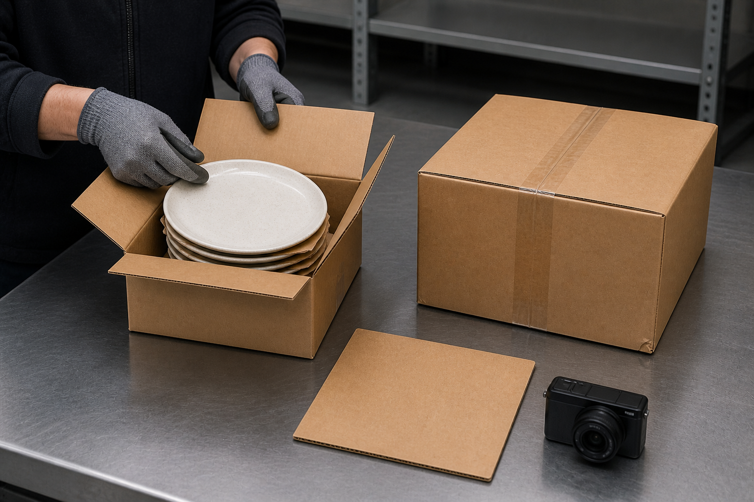 Technician inspecting paper-interleaved ceramic plates beside a lightly compressed DTC shipping carton after parcel testing