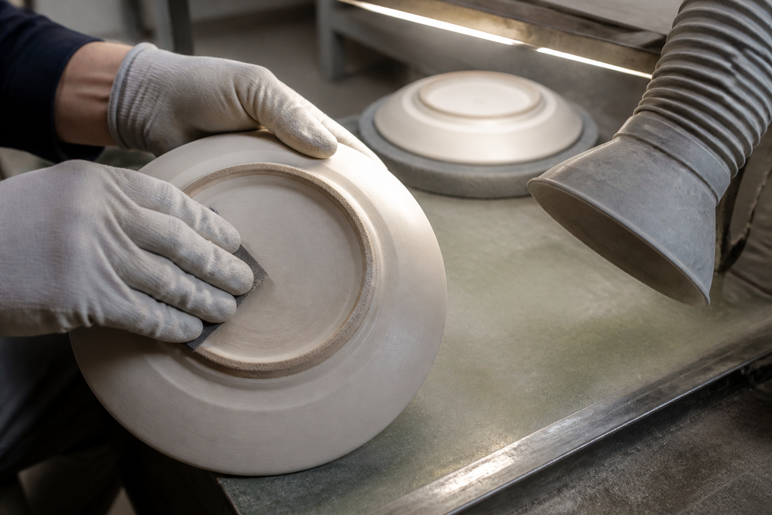 Technician inspecting and smoothing an unglazed ceramic plate foot ring under low-angle quality-control lighting