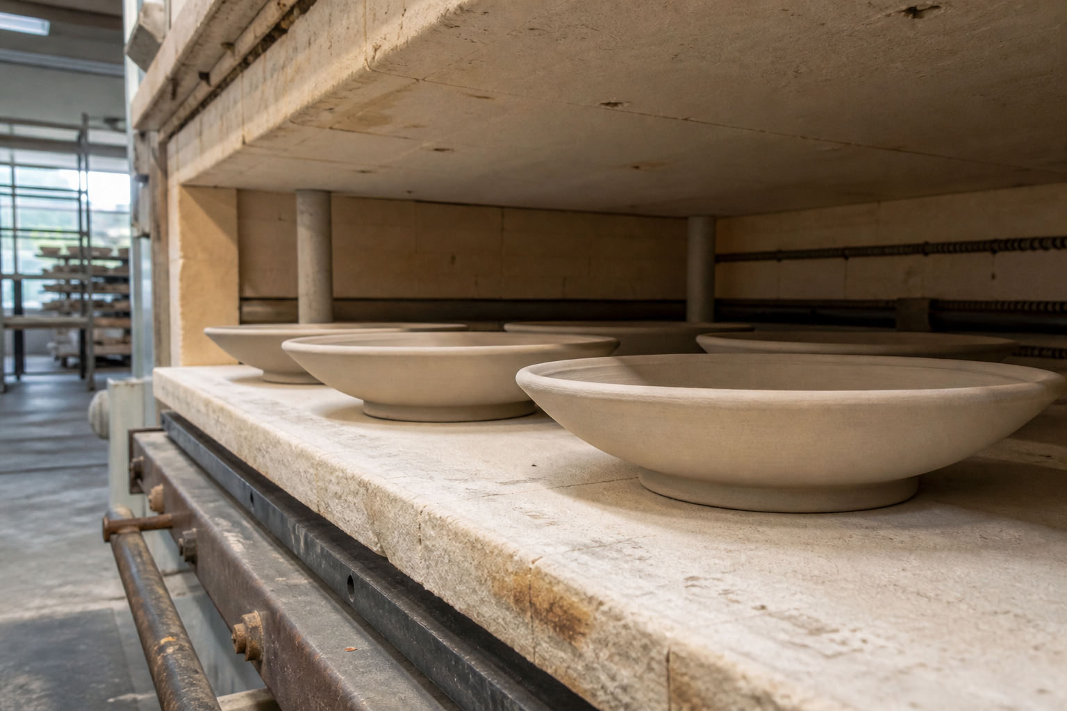 Unglazed ceramic plates supported by foot rings on a clean kiln shelf during a controlled factory firing setup