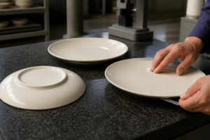 Ceramic quality inspector diagnosing plate rocking by checking foot-ring contact points on a calibrated flat surface