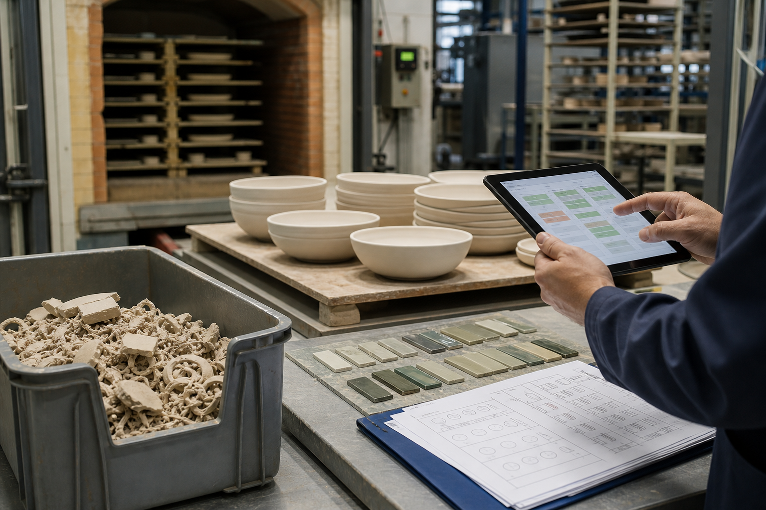 Ceramic factory process review with clay scrap, glaze tiles, kiln plan, and dinnerware production records