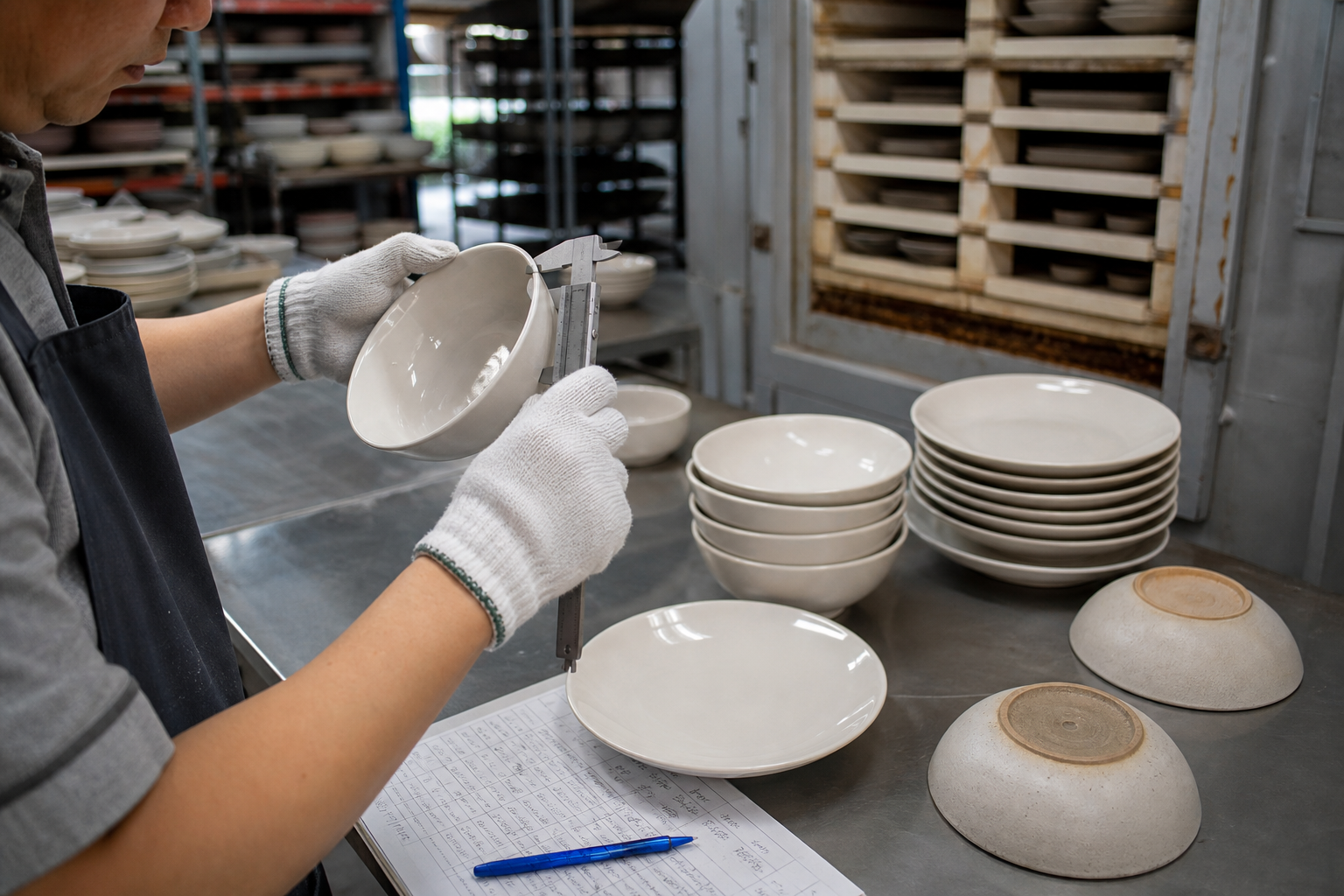 Ceramic factory inspector measuring bowl rim thickness beside finished dinnerware and kiln shelves during QC review