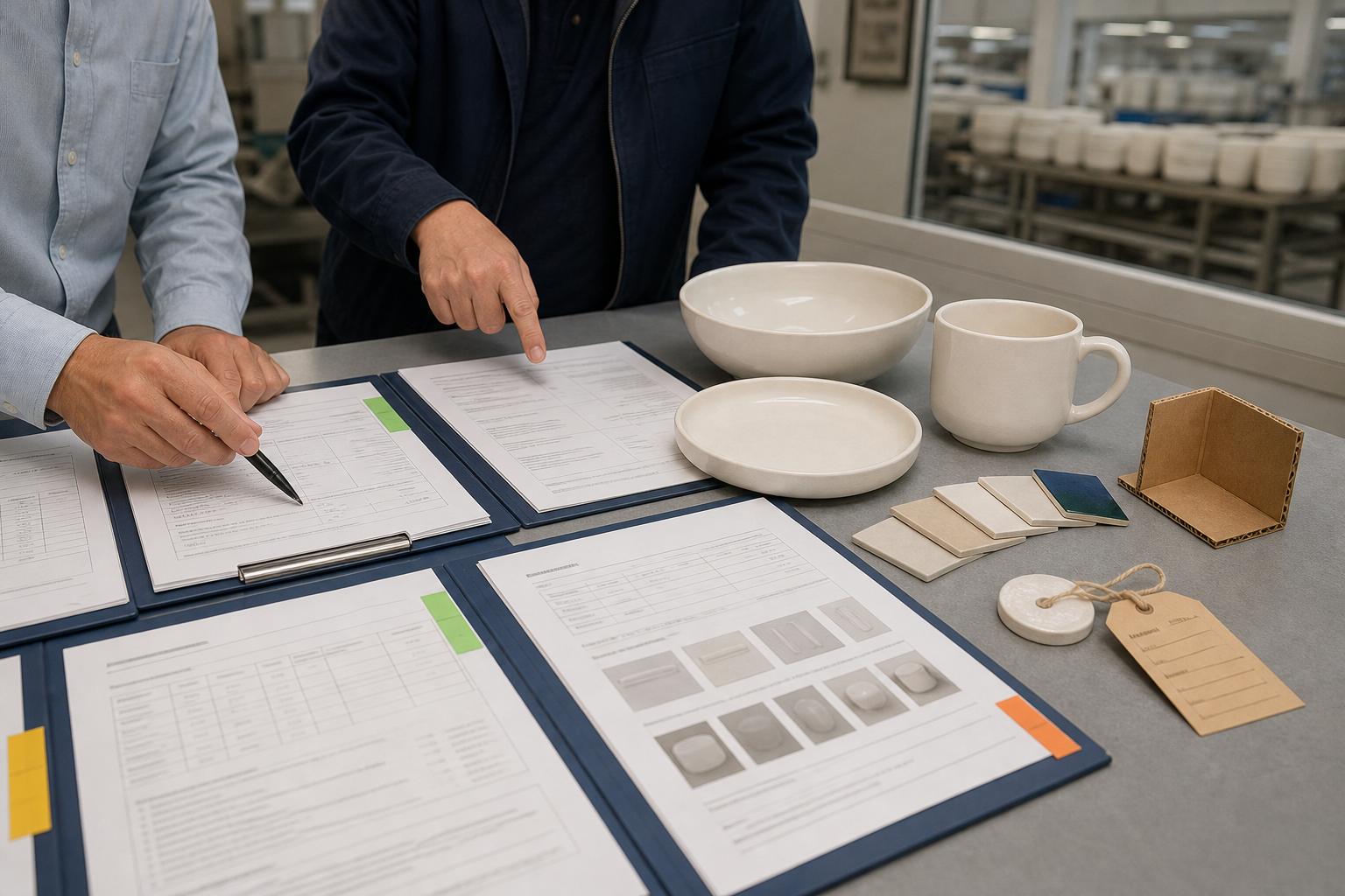Ceramic supplier evidence file review with test reports, QC documents, samples, glaze chips, and carton material