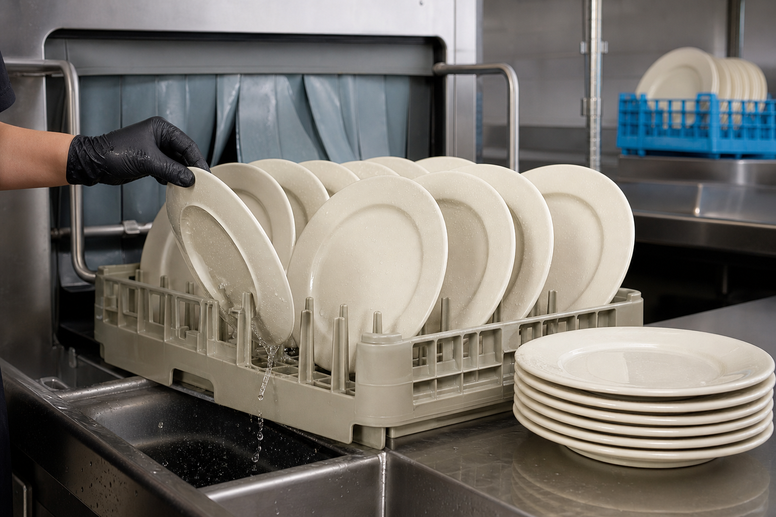 Commercial ceramic plates tested in a restaurant dishwasher rack for fit, drainage, rim contact, and stable stacking
