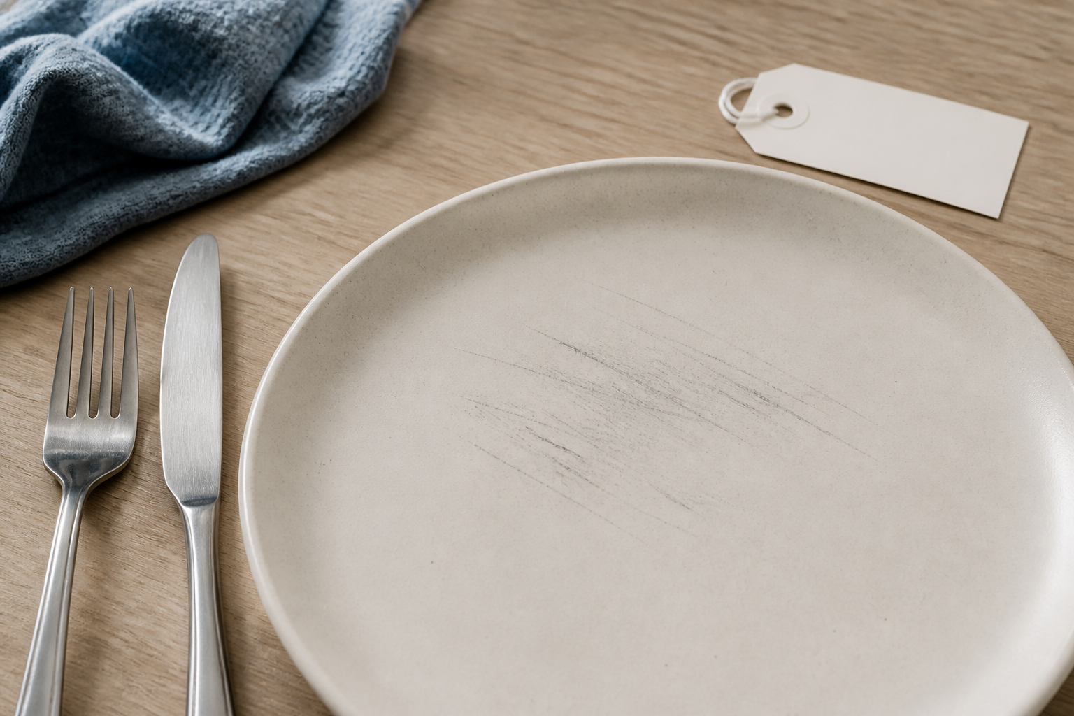 Matte ceramic dinner plate with subtle gray cutlery marks, stainless steel fork, knife, cloth, and blank sample tag
