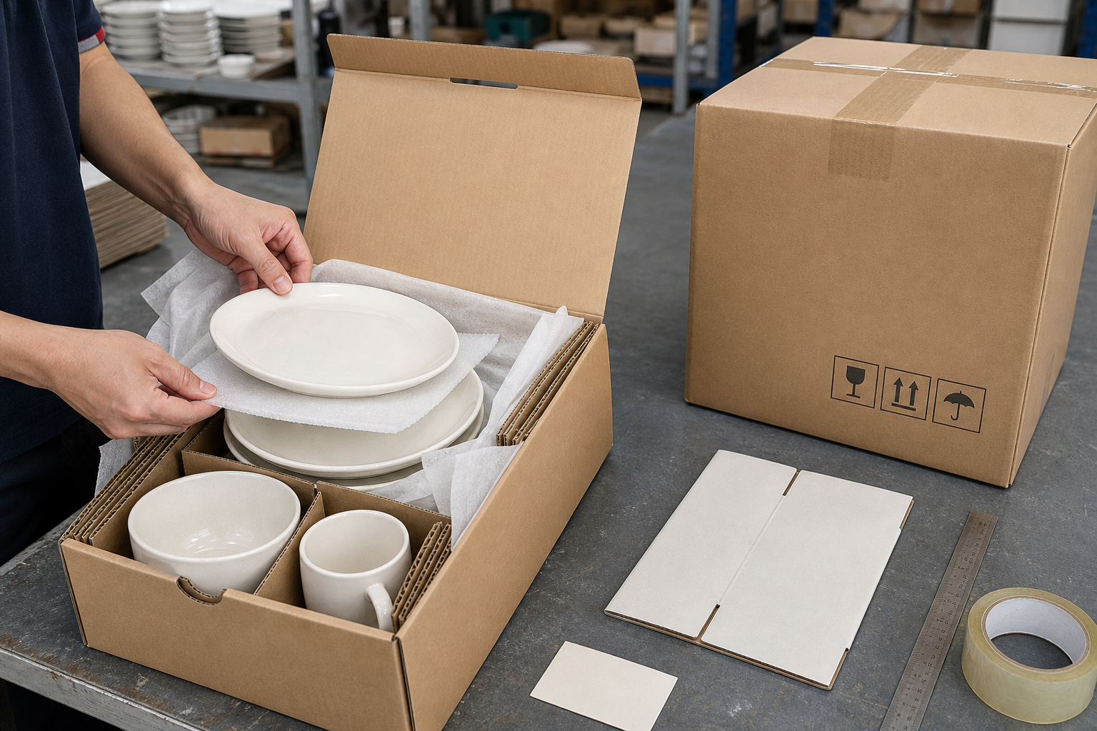 Ceramic dinnerware packed with tissue, EPE sheets, and corrugated dividers beside a five-ply export carton