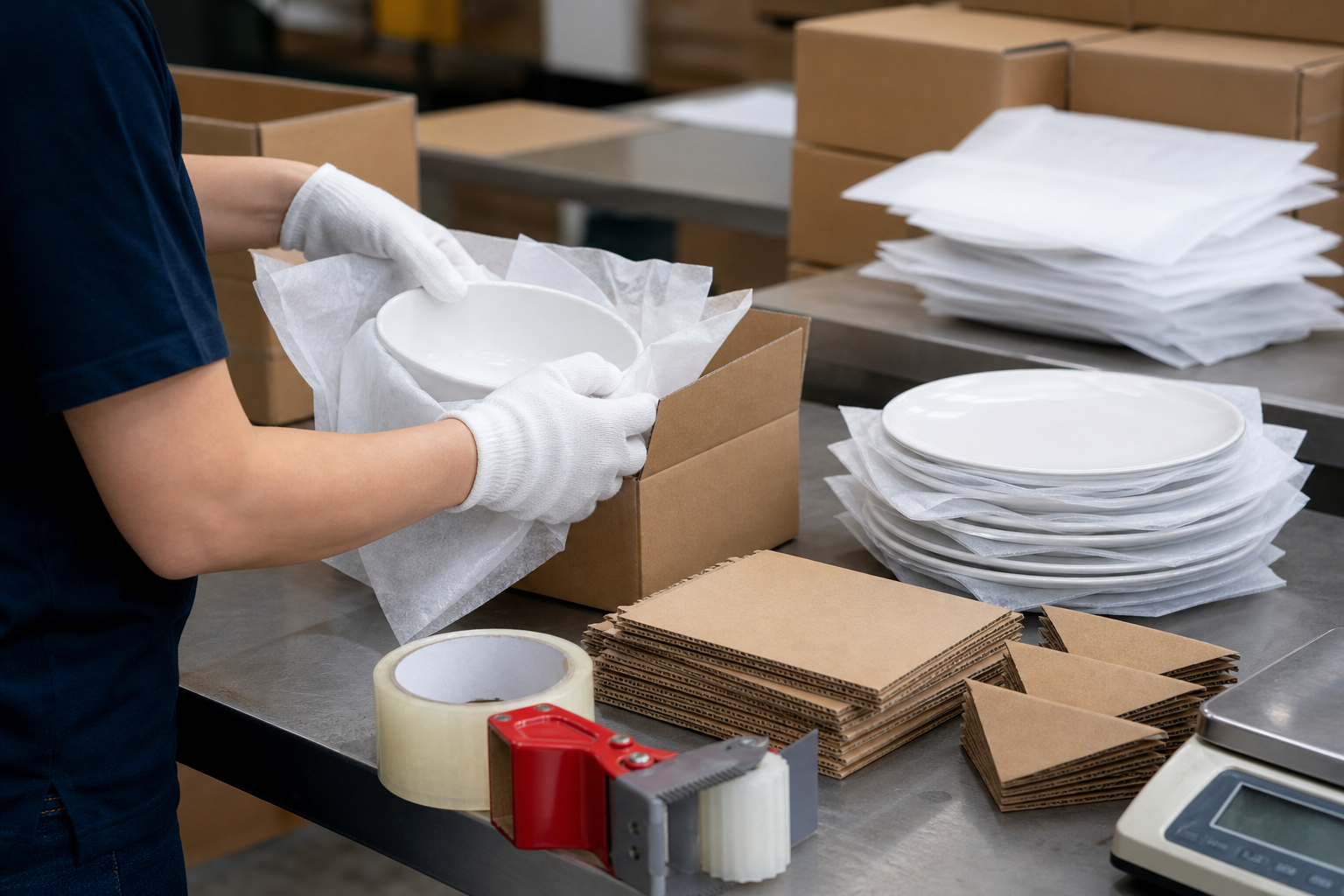 Worker wrapping ceramic bowl in tissue beside plates separated with foam sheets, inner cartons, pads, tape, and scale