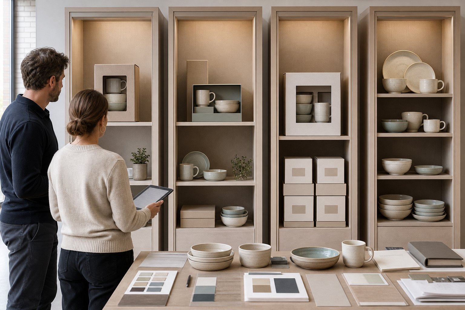Brand team comparing compact ceramic dinnerware sets for ecommerce, gifting, mass retail, and open-stock display