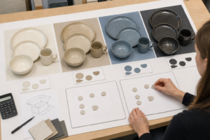 Private-label buyer planning ceramic dinnerware set configurations with plate, bowl, mug samples, tokens, and carton notes