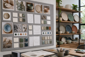Ceramic dinnerware trend feasibility board with sketches, glaze swatches, and manufacturable product notes