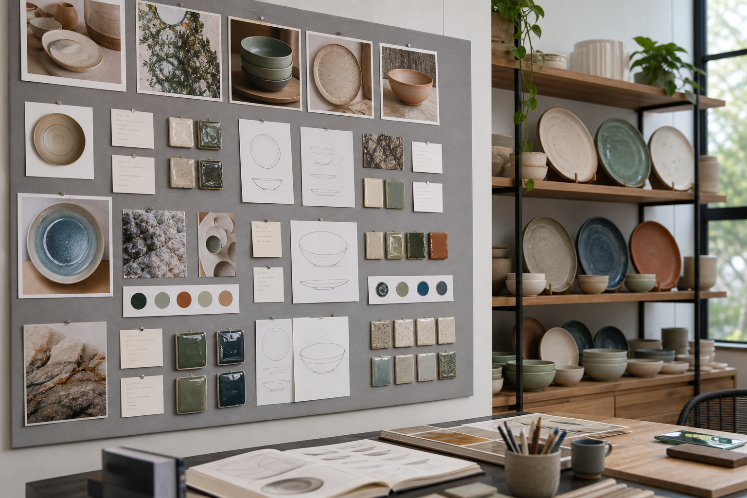 Ceramic dinnerware trend feasibility board with sketches, glaze swatches, and manufacturable product notes