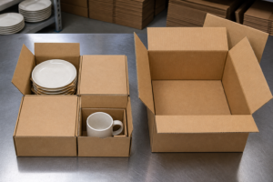 Four fitted corrugated inner boxes for DTC ceramic dinnerware, with paper-interleaved plates and a protected mug compartment