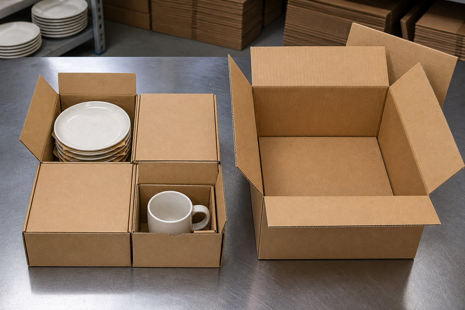 Four fitted corrugated inner boxes for DTC ceramic dinnerware, with paper-interleaved plates and a protected mug compartment