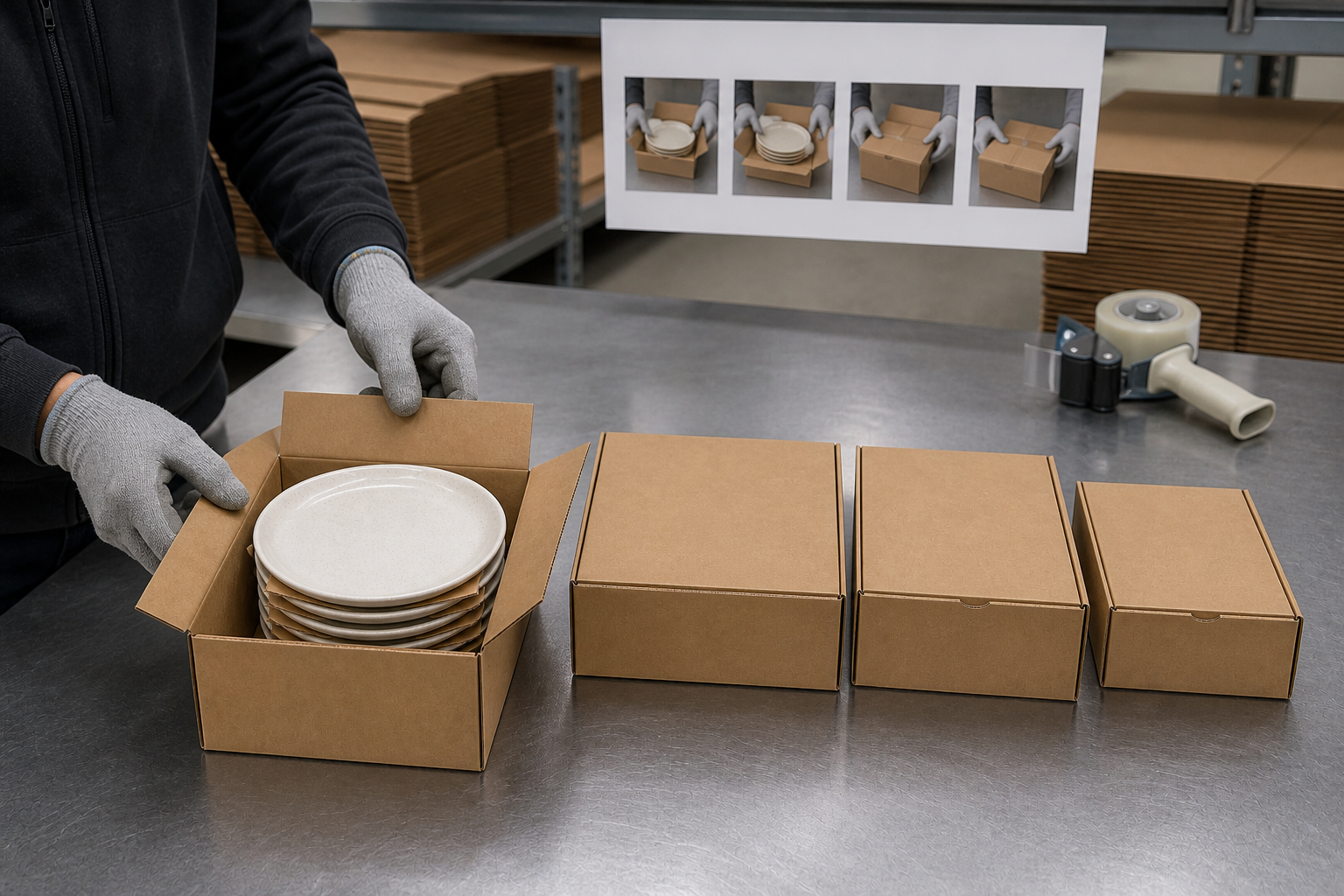 Warehouse operator closing a paper-interleaved plate box beside three fitted ceramic dinnerware inner cartons