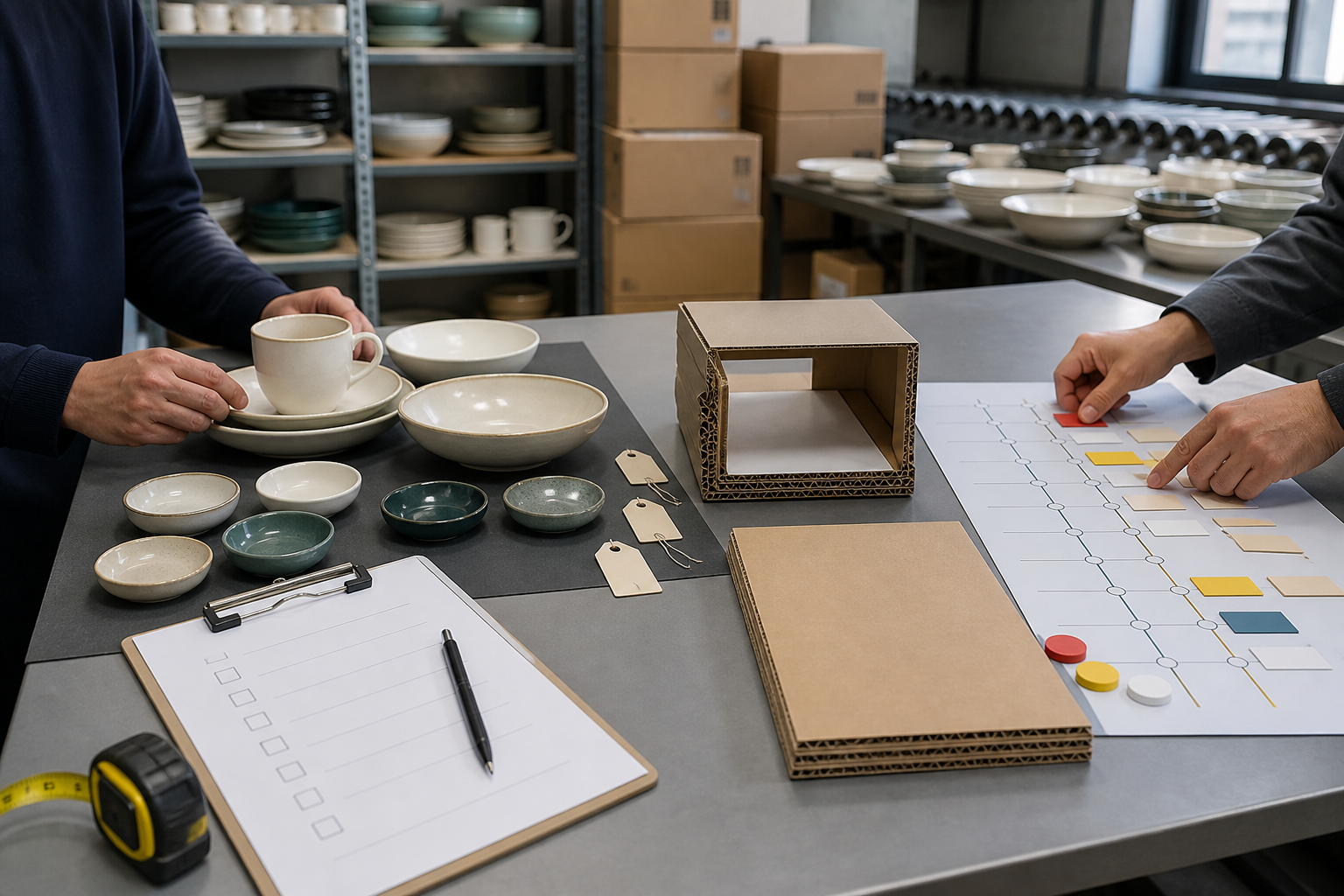 First ceramic dinnerware order checkpoint with approved samples, glaze range pieces, packaging, and timeline cards